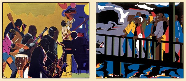 Works by Romare Bearden and Jacob Lawrence