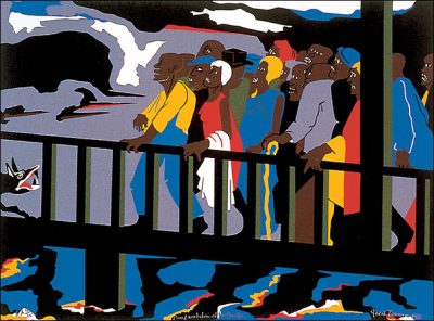 Confrontation at the Bridge from the series Not Songs of Loyalty Alone: The Struggle for Personal Freedom by Jacob Lawrence, 1975.